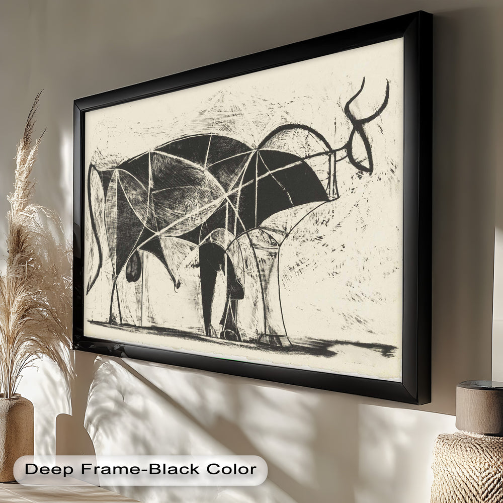 An abstract interpretation of a bull, with its form broken into curved planes and bold linear divisions.

