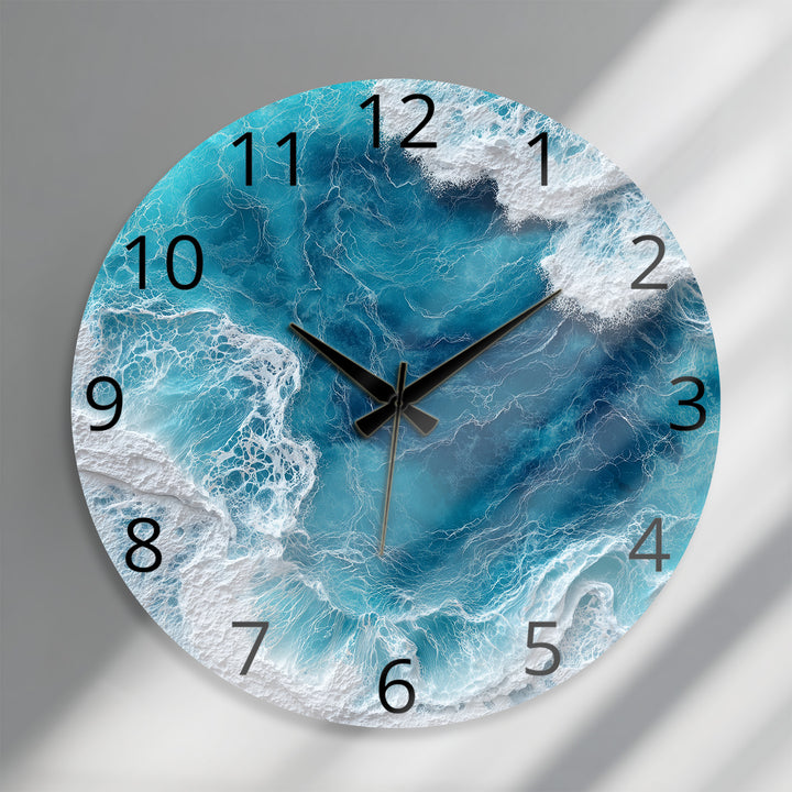 Ocean Waves Glass Wall Clock – Blue Coastal Beach House Decor