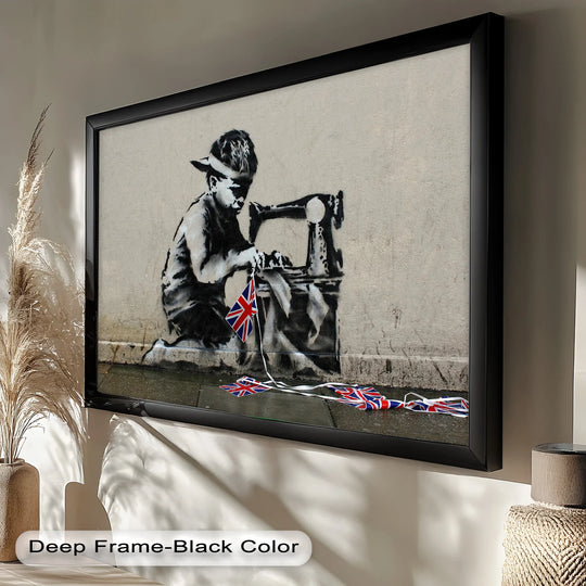Geometric elements highlight the boy and sewing machine stencil in this Stitched Allegiance Banksy oil painting wall art, framed with rectangles and crisp lines.
