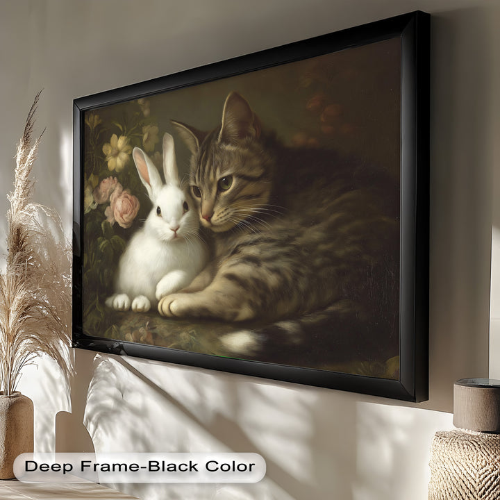 Cat and Rabbit in Floral Harmony - Animal Oil Painting
