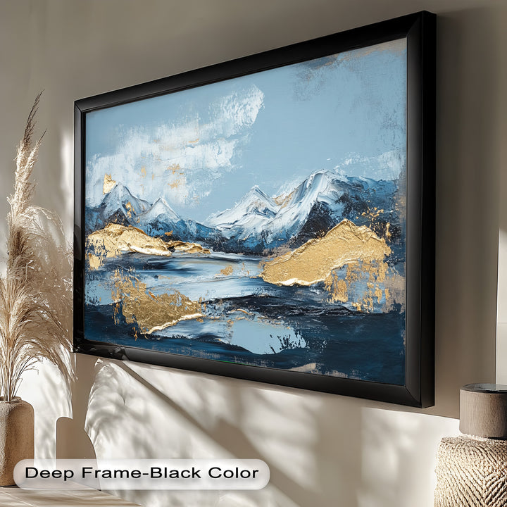 Arctic Peaks – Abstraktes Ölgemälde mit Bergmotiven in Blau und Gold