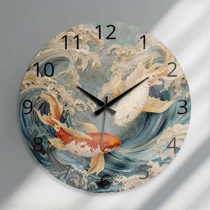 Japanese Koi Fish Glass Wall Clock – Blue Ocean Wave Art