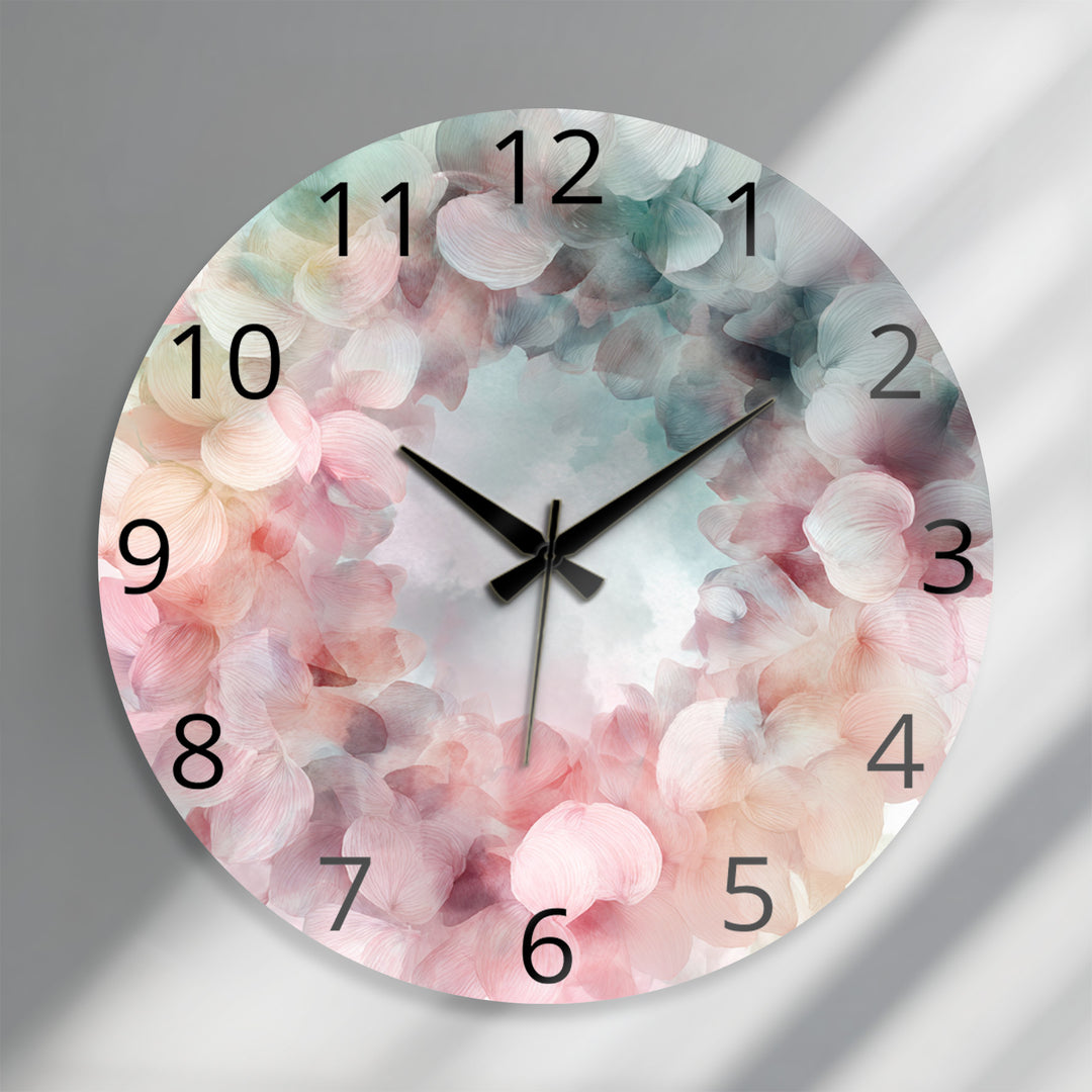 Pastel Hydrangea Glass Wall Clock – Pink Floral Wreath Decor