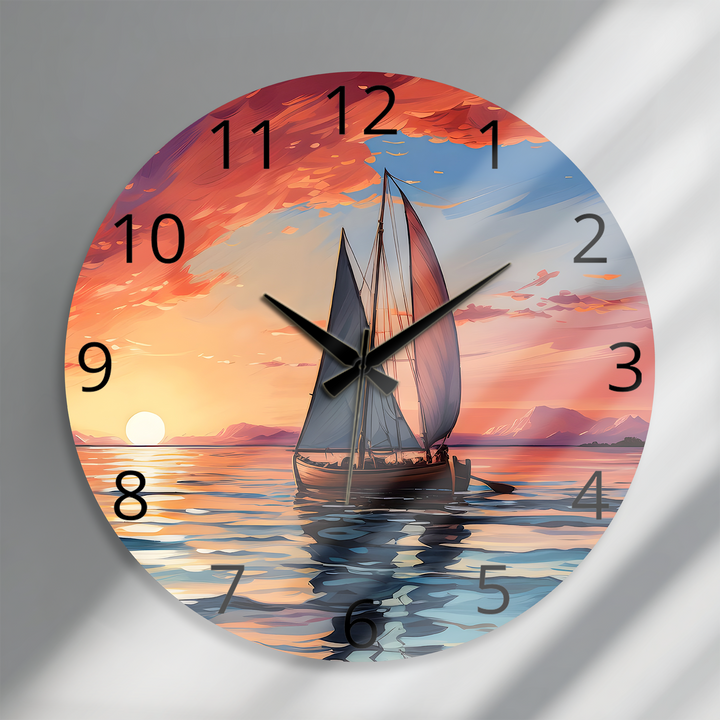 Sunset Sailboat Glass Wall Clock – Coastal Nautical Decor