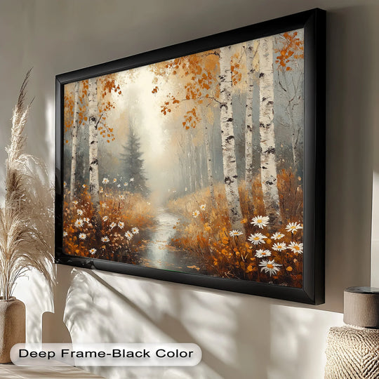 The focal point highlights the birch trees and wildflowers in this golden fall leaves oil painting, a serene forest scene perfect for displaying as one of your best oil painting art prints.