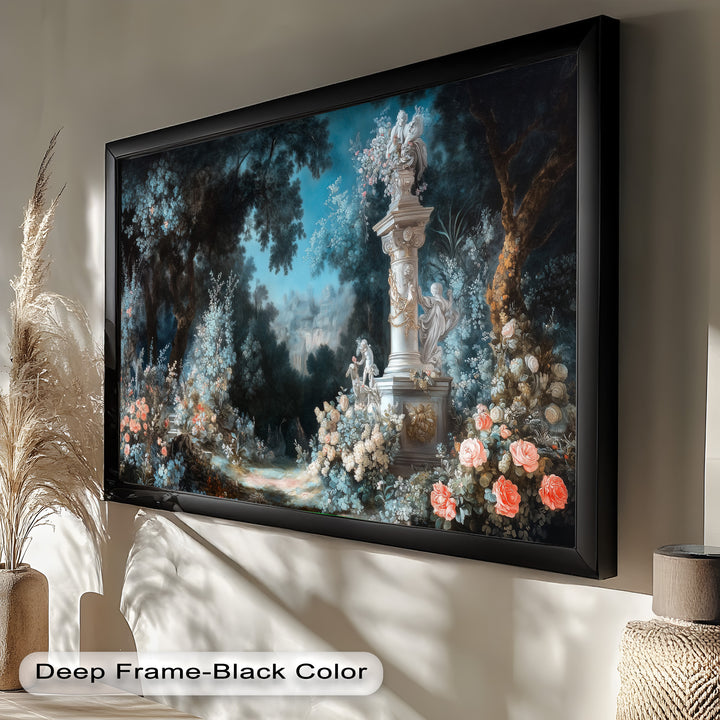 Moonlit Garden with Classical Column – Romantic Rococo Oil Painting