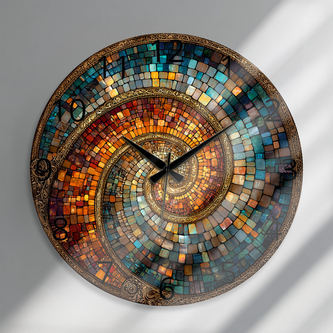 Spiralmosaik-Glaswanduhr – abstrakte Kunst in Blaugrün und Kupfer