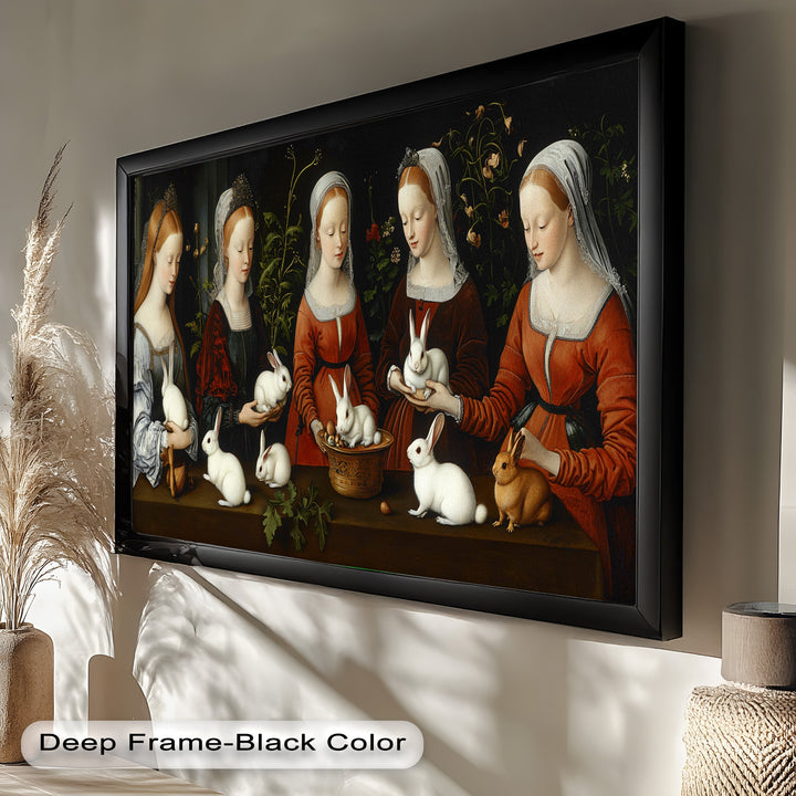 Maiden Garden Gathering – Renaissance Rabbit Portrait Oil Painting