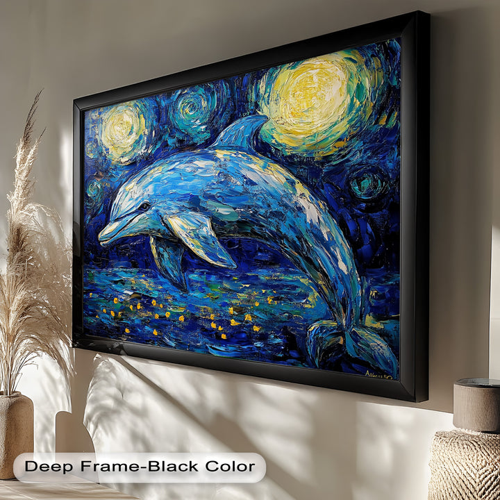Starry Night Dolphin in Ocean Dreamscape – Animal Oil Painting