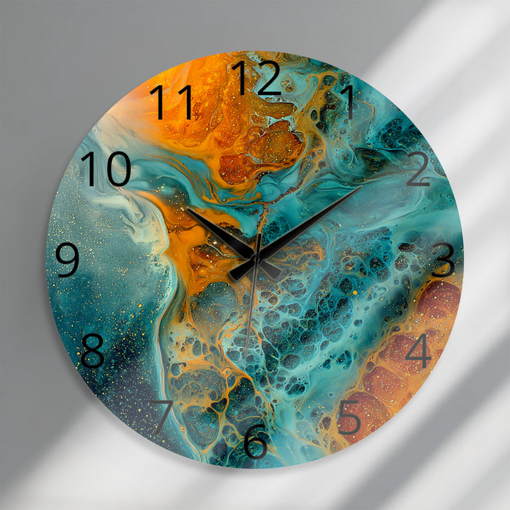 Fluid Art Glass Wall Clock – Teal and Gold Abstract Pour Decor
