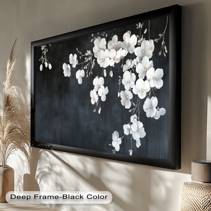 White Cherry Flowers on Midnight Blue - Flower Oil Painting