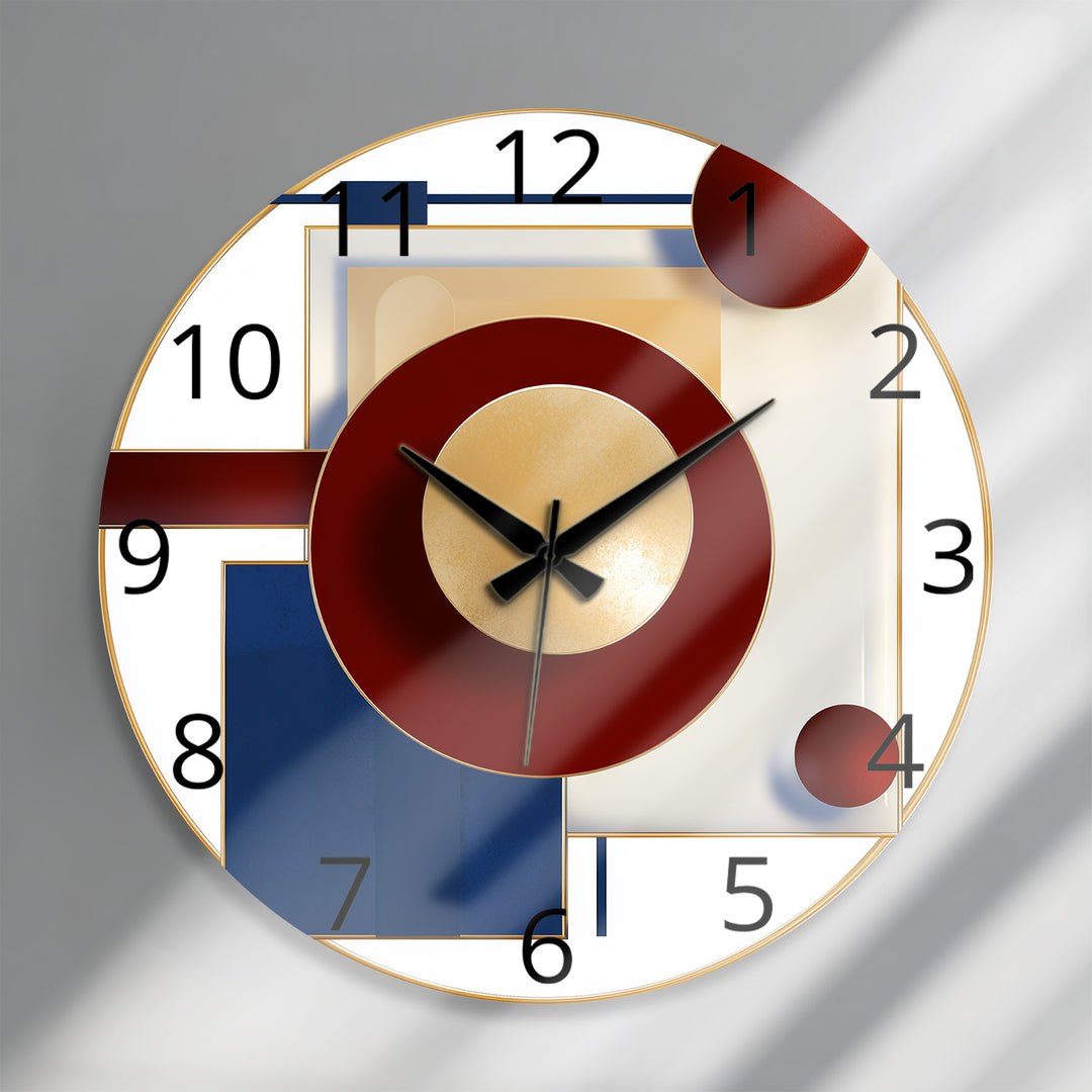Burgundy and Navy Glass Wall Clock – Modern Geometric Gold Art