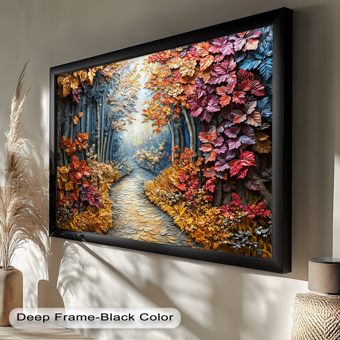 A sophisticated framed wall art piece featuring an intricate autumn forest landscape, where sculpted trees and colorful foliage create a visually stunning textured effect.