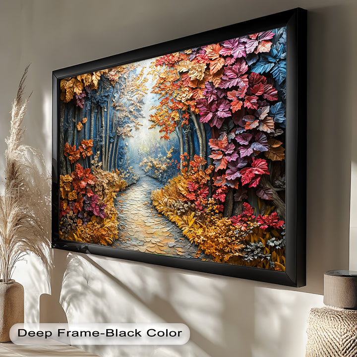 A sophisticated framed wall art piece featuring an intricate autumn forest landscape, where sculpted trees and colorful foliage create a visually stunning textured effect.