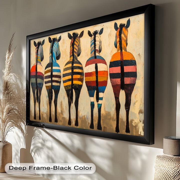 Five Colorful Zebras with Bold Stripes – Animal Oil Painting