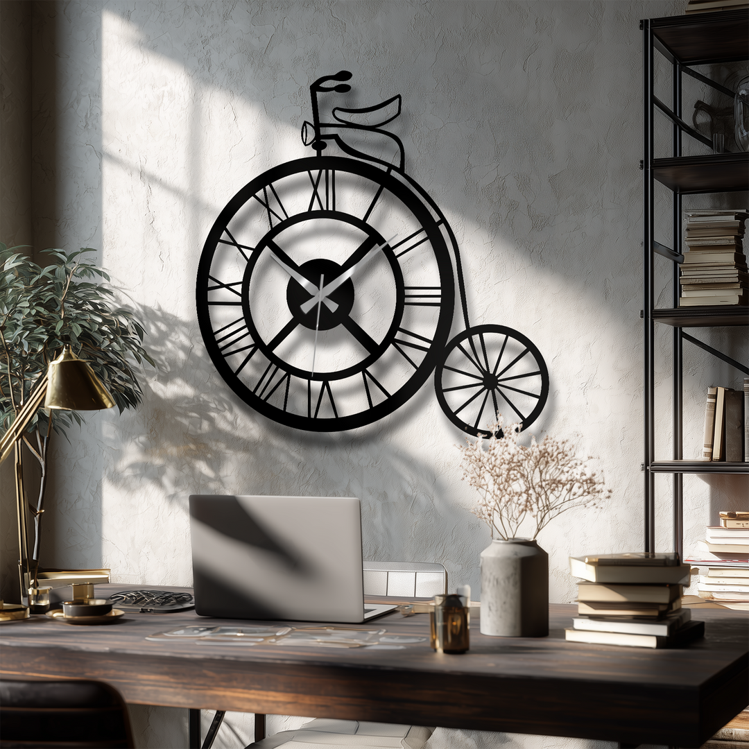 Geometric bicycle clock design showcases a circular, vintage-inspired metal art for wall home decoration piece with spoke and numeral elements.