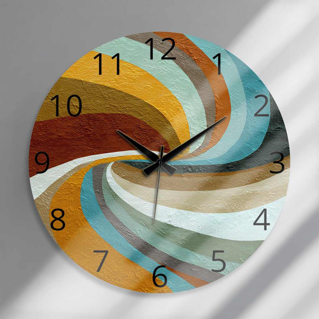 Retro Wave Glass Wall Clock – Teal and Mustard Abstract Decor