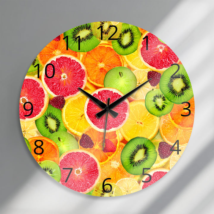 Colorful Fruit Glass Wall Clock – Citrus Kitchen Wall Decor