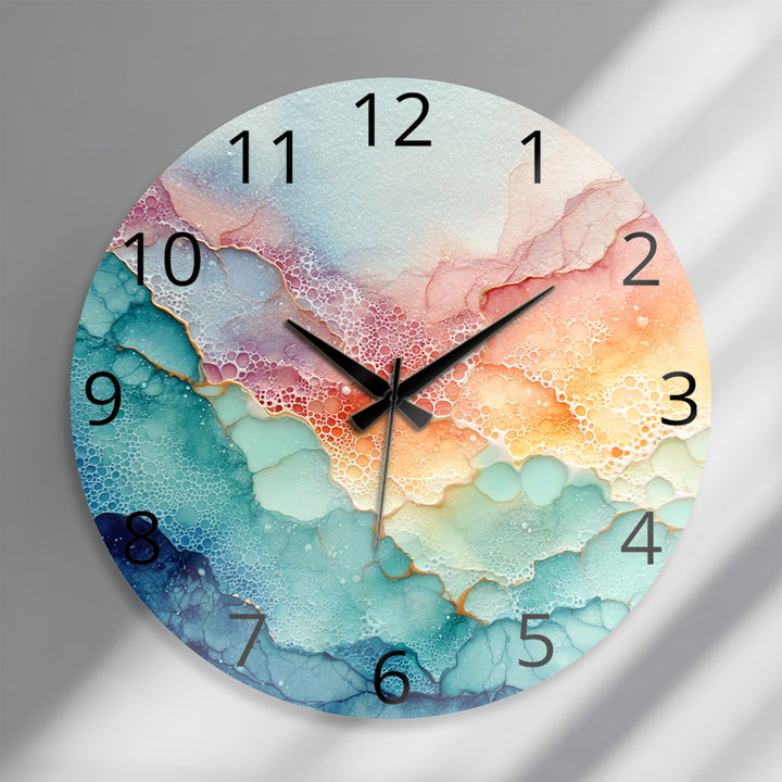 Pastel Fluid Art Glass Wall Clock – Pink and Teal Abstract Decor