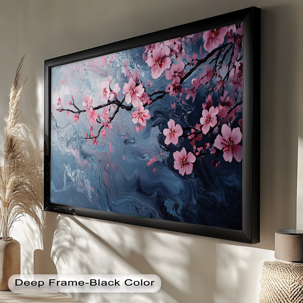 Delicate sakura flowers blooming on a dark branch, contrasted beautifully by a dreamy, marbled blue and gray backdrop.