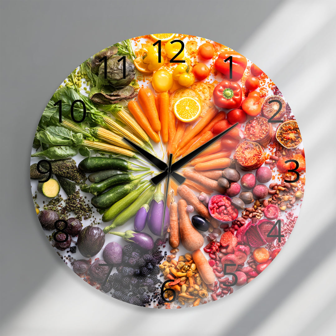 Vegetable Glass Wall Clock – Colorful Farmhouse Kitchen Decor