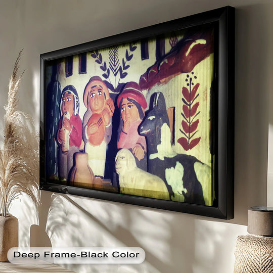Reflecting deep within the shadowy frame, the darkest area emphasizes the textures and vibrant colors of this rustic charm oil painting art piece depicting folk clay figures and village harmony.