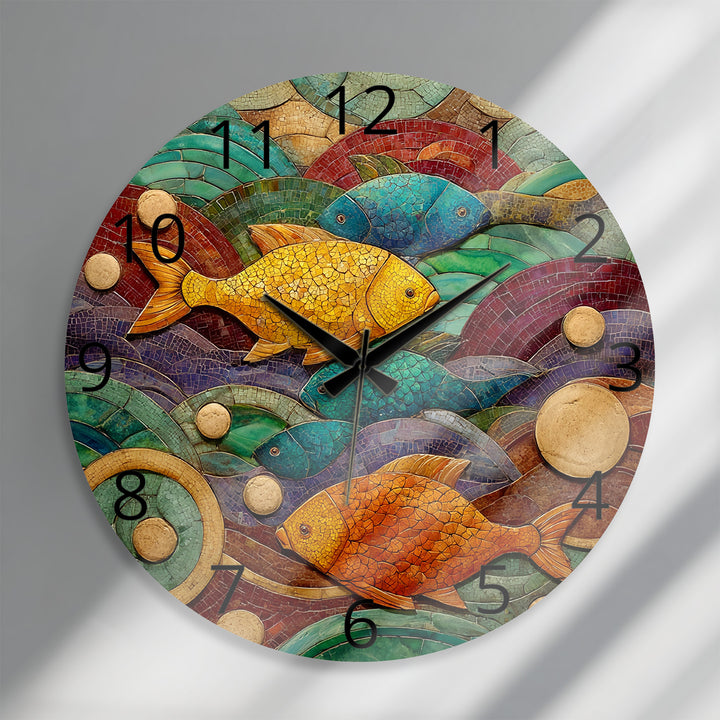 Colorful Fish Glass Wall Clock – Coastal Mosaic Art Decor