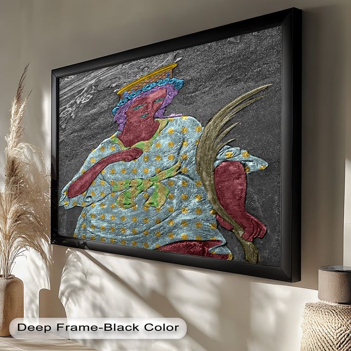 Geheiligte Blüte – Polychromes Engelrelief-Ölgemälde