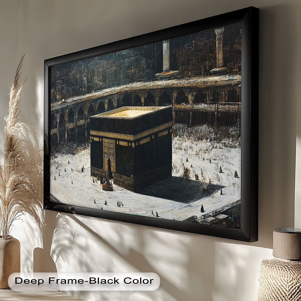 An artistic depiction of the sacred Kaaba in Mecca, with worshippers performing Tawaf in a spiritual atmosphere.