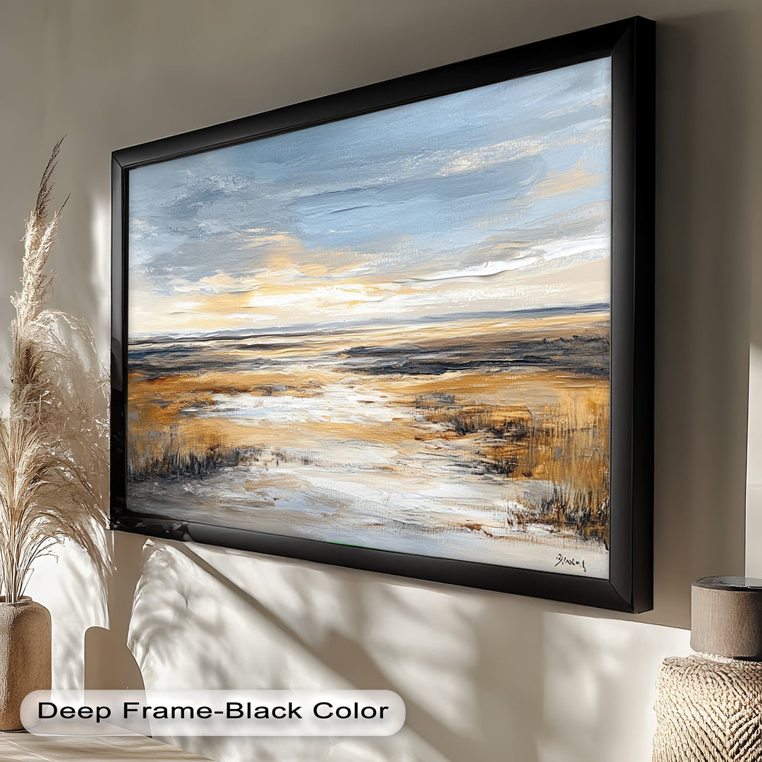 This serene landscape painting captures a golden field bathed in soft sunlight, with a peaceful sky stretching across the horizon in calming blue and gray tones.

