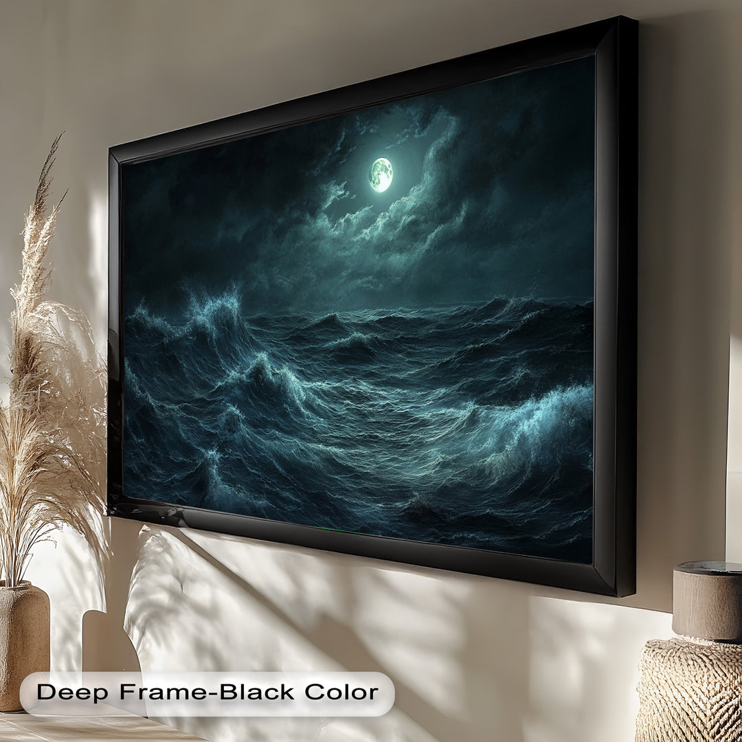 This dramatic seascape painting captures towering waves under a moonlit sky, where the full moon glows through stormy clouds in a hauntingly beautiful night scene.
