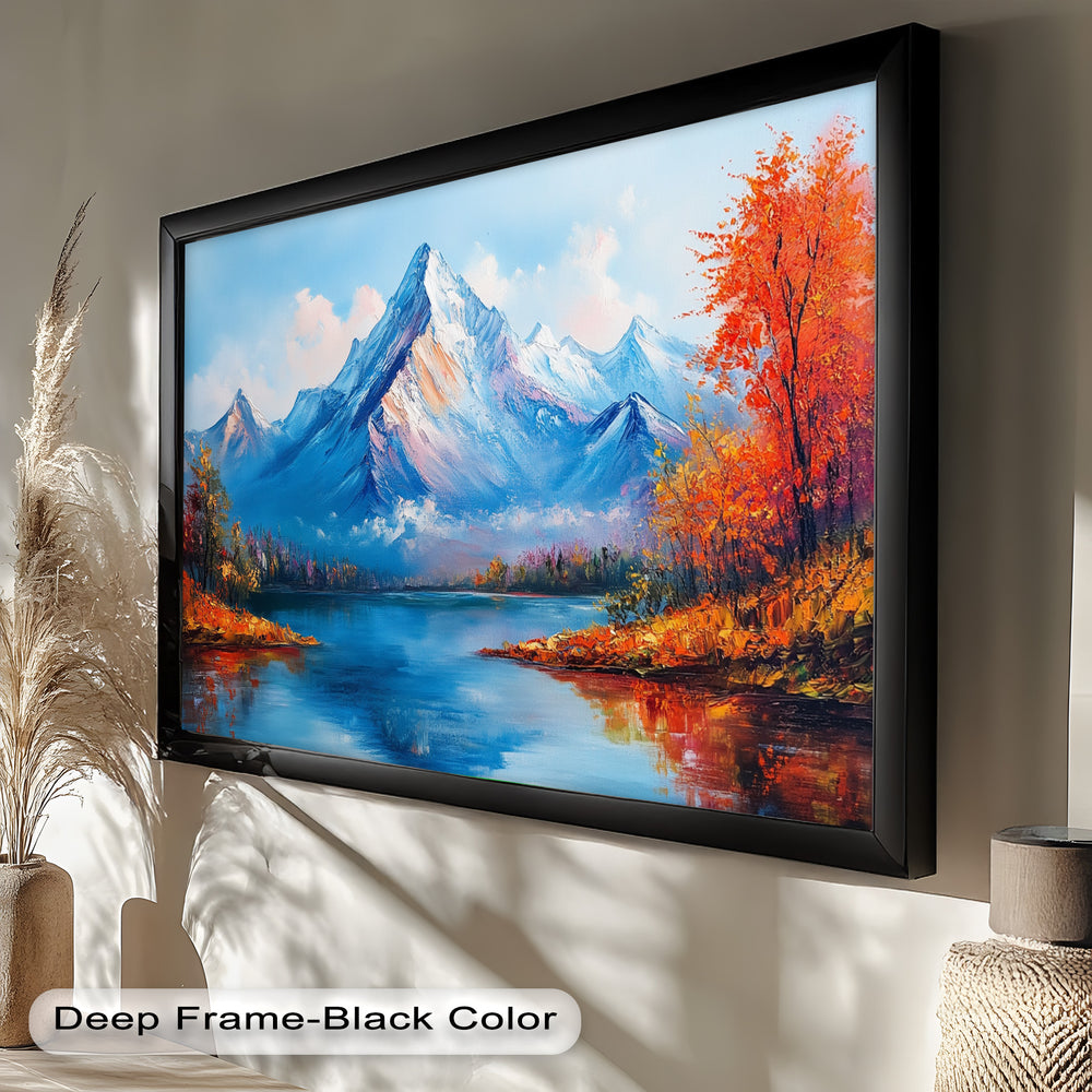 This stunning impressionist-style painting captures the harmony between rugged alpine beauty and the warmth of autumn, as golden trees contrast against deep blue waters and majestic mountains.