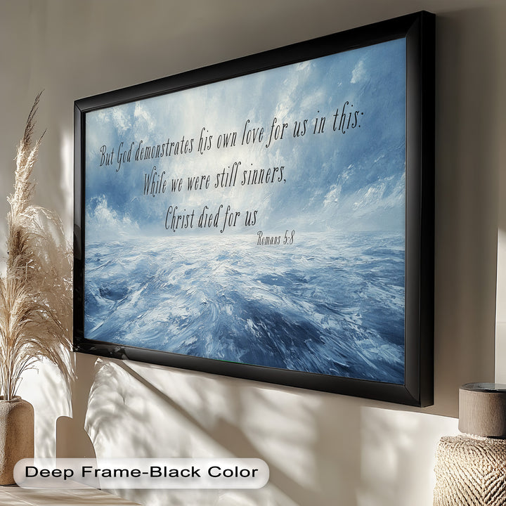 Faith-Based Seascape Art with Bible Verse – Christ’s Sacrificial Love
