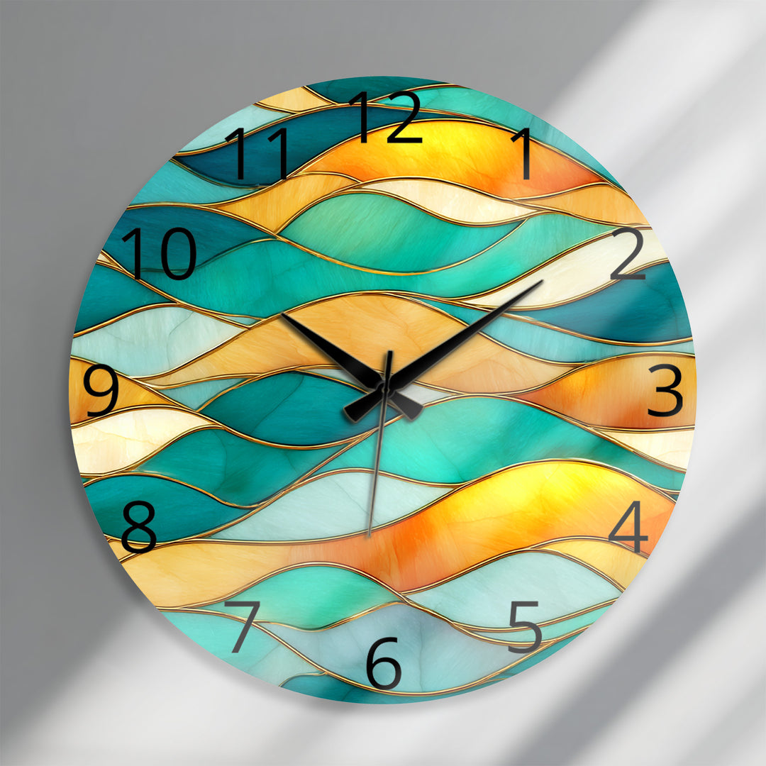 Turquoise Wave Glass Wall Clock – Abstract Stained Glass Decor