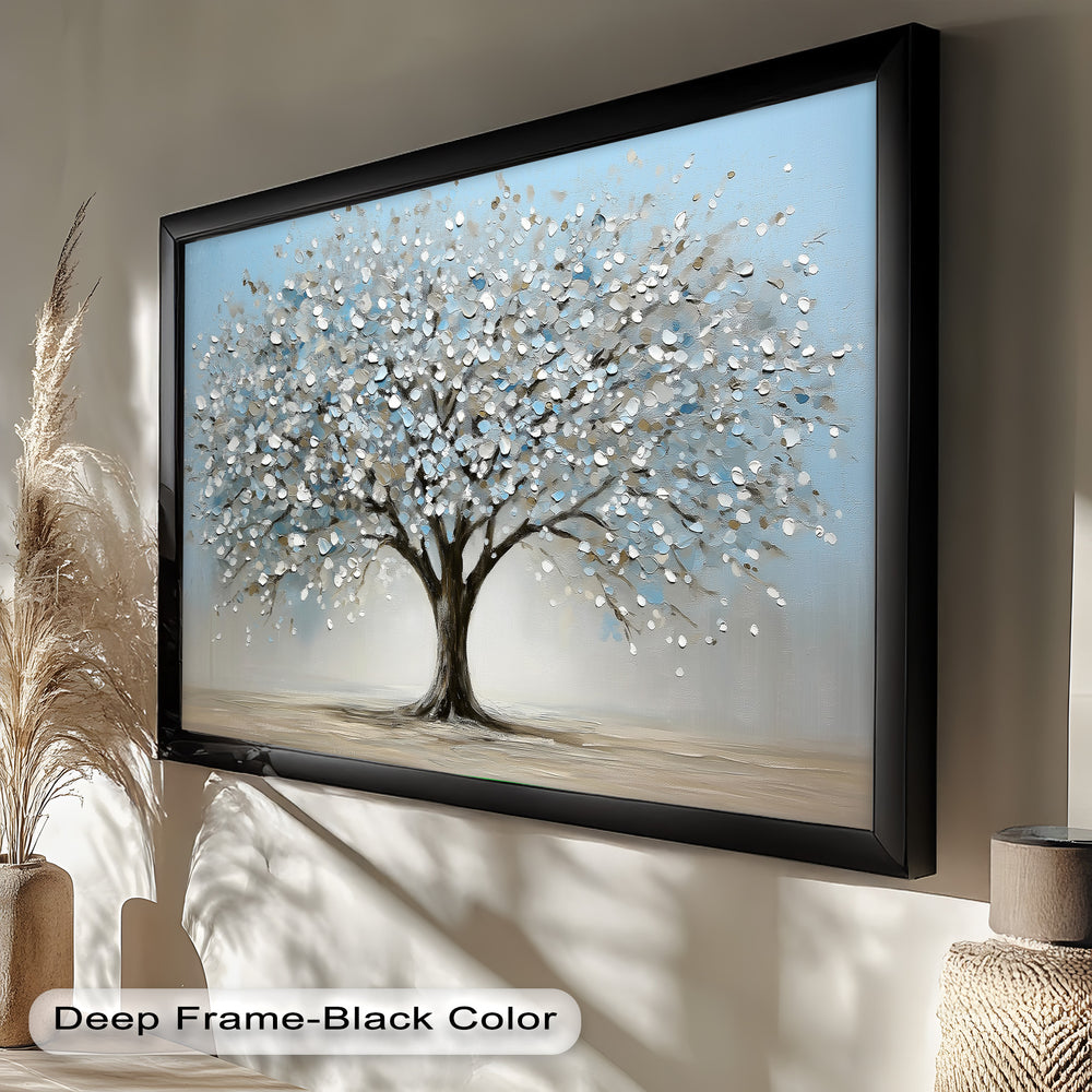 A majestic tree in full bloom takes center stage in this hand-painted masterpiece, featuring rich texture and an elegant color palette of white, gray, and blue. Perfect for contemporary and minimalist interiors, this framed oil painting adds a peaceful and stylish touch to any space.

