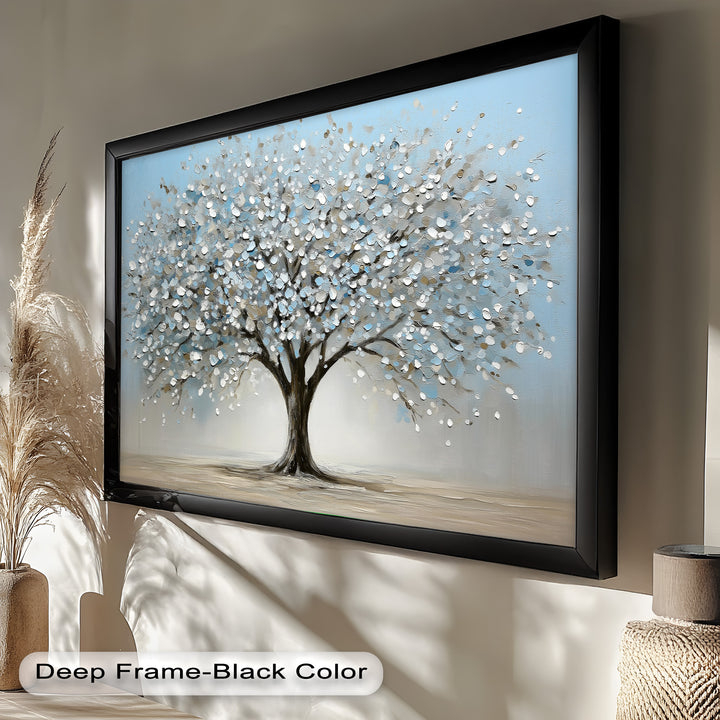 A majestic tree in full bloom takes center stage in this hand-painted masterpiece, featuring rich texture and an elegant color palette of white, gray, and blue. Perfect for contemporary and minimalist interiors, this framed oil painting adds a peaceful and stylish touch to any space.


