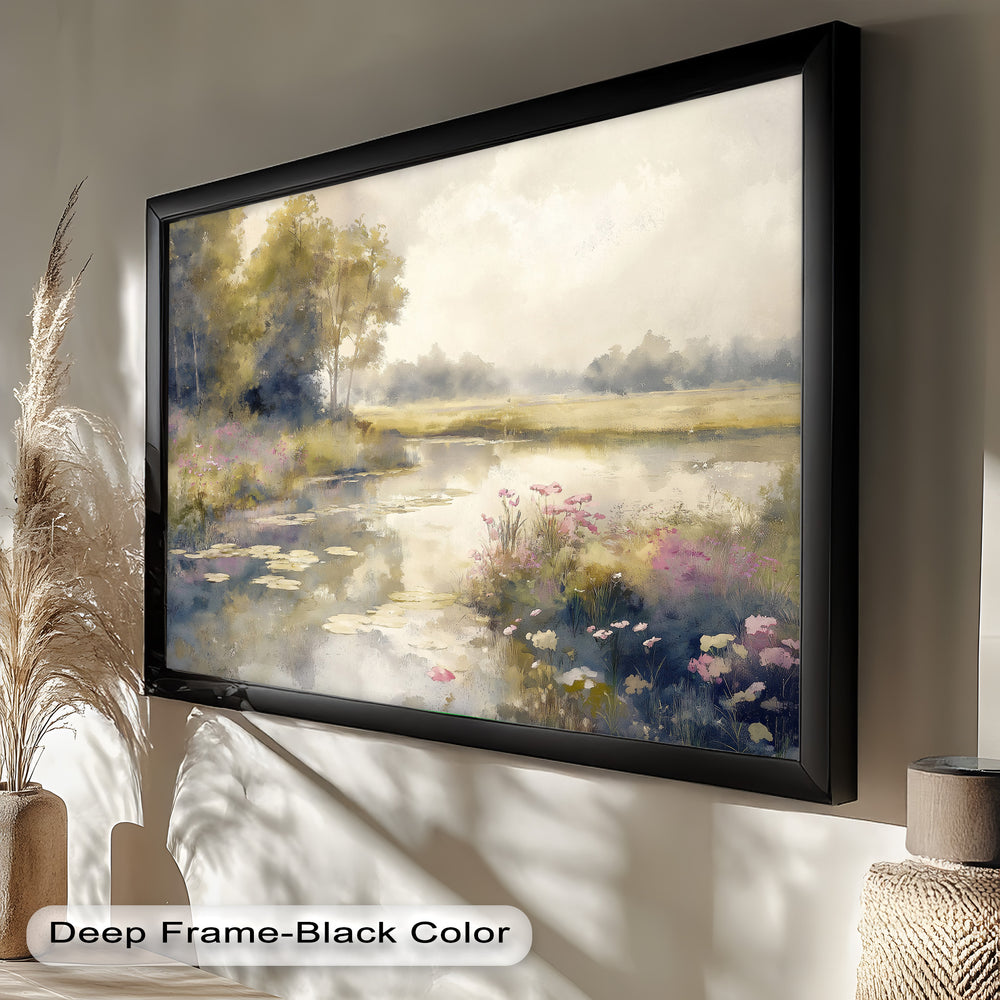 Gentle pastel tones and misty reflections create a serene and calming atmosphere.