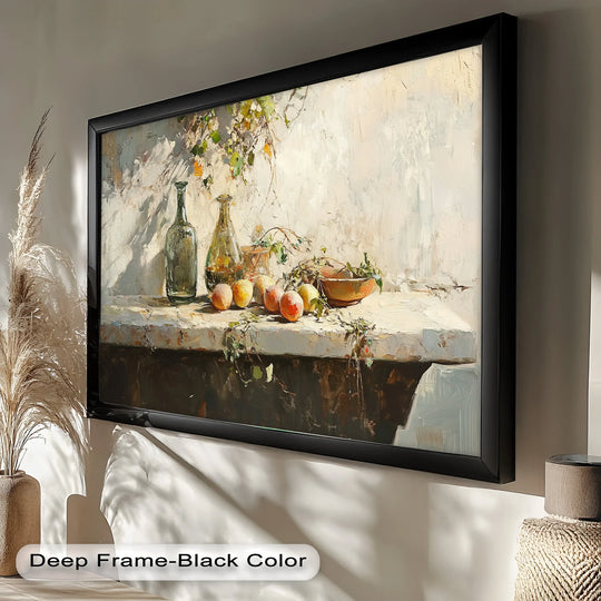 Deep black finish beautifully frames the vintage peach and bottle still life art oil painting, enhancing the beauty of the oil painting decoration.