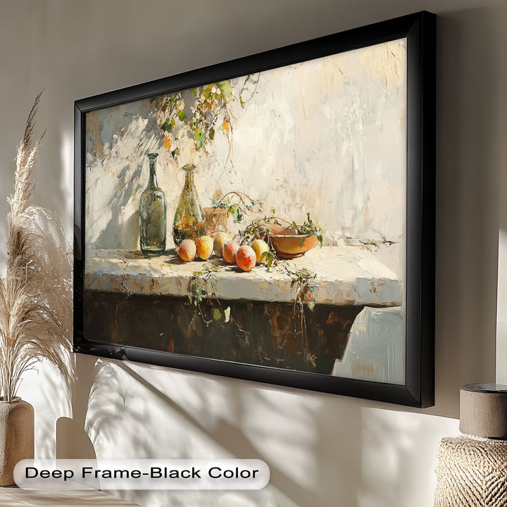 Featuring soft brushstrokes and warm tones, this artwork displays a rustic table adorned with ripe peaches, vintage glassware, and subtle botanical accents.

