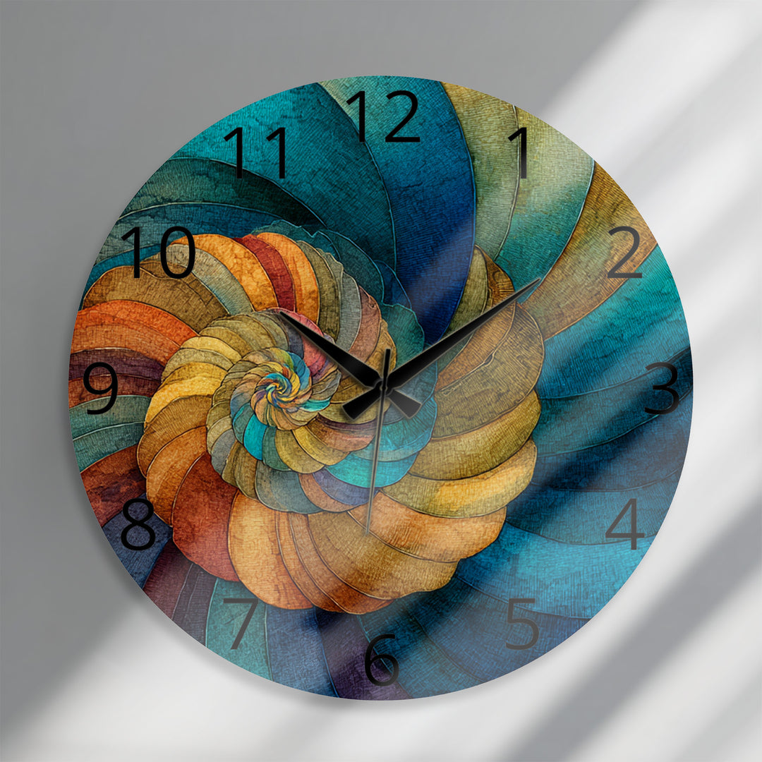 Abstract Spiral Glass Wall Clock – Teal and Gold Swirl Art