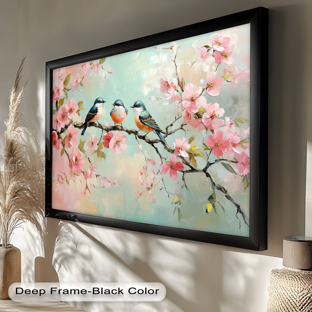 Three Birds Among Blossoms – Animal Oil Painting