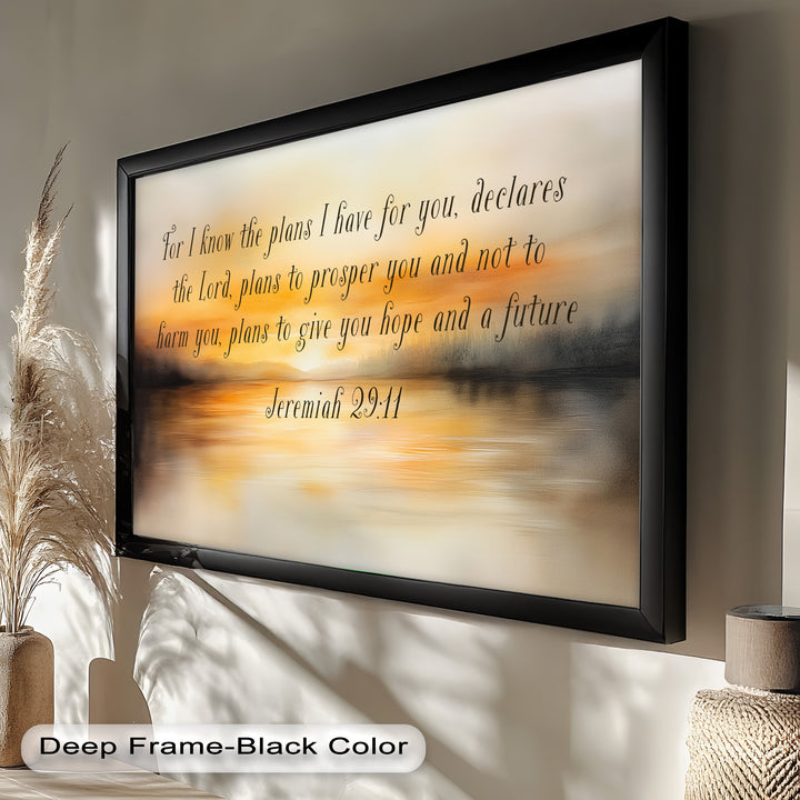 Christian wall art featuring a peaceful golden sky and scripture on prosperity.
