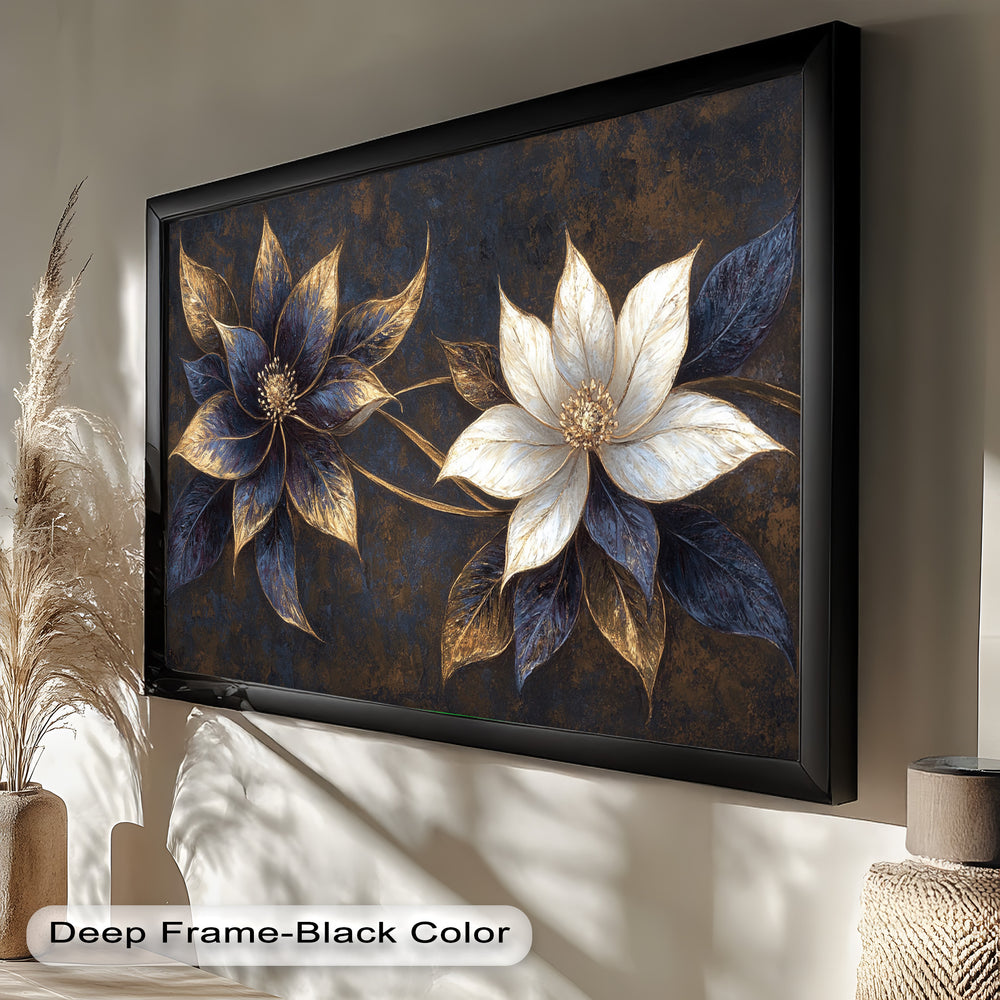 Luxurious botanical painting featuring metallic highlights on dark tones.
