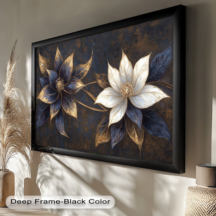 Luxurious botanical painting featuring metallic highlights on dark tones.
