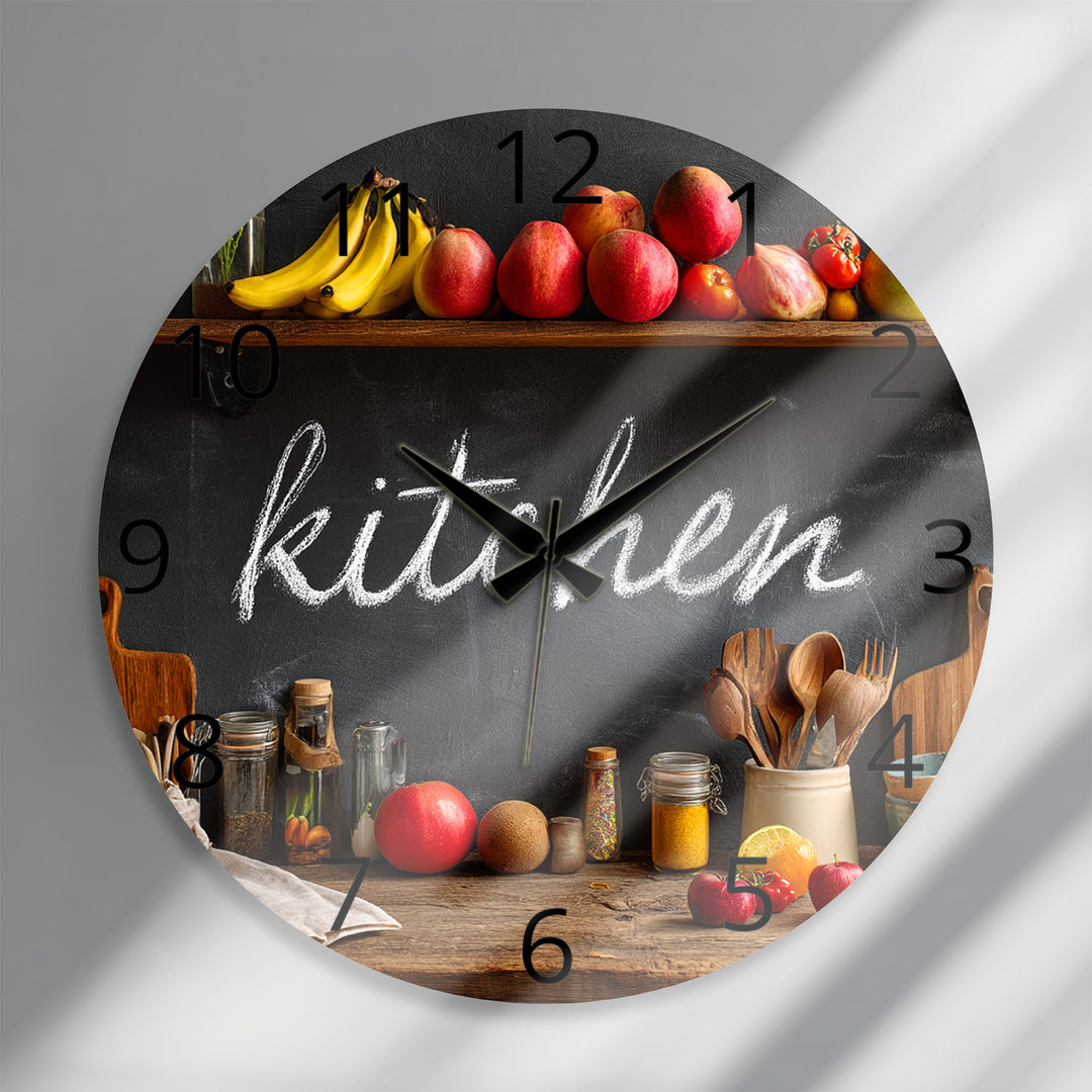 Rustic Kitchen Glass Wall Clock – Farmhouse Chalkboard Decor