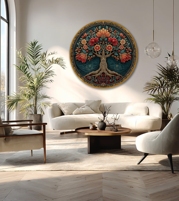 Showcasing the abstract quality of this ornate bloom tree, this round wooden oil painting artwork features a vibrant, decorative, circular design for elegant interiors.