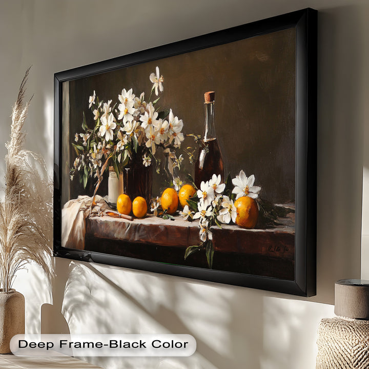 The soft interplay of light and shadow highlights the graceful contrast between the vibrant oranges and the purity of the white blossoms.


