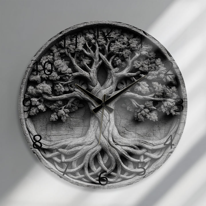 Black and White Tree of Life Glass Wall Clock – Celtic Style Art