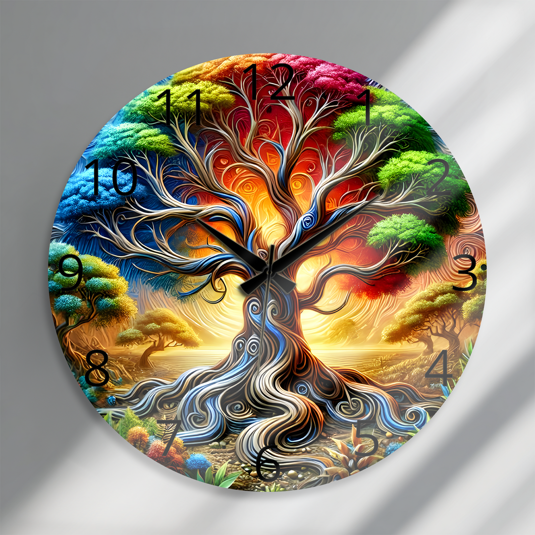 Colorful Tree of Life Glass Wall Clock – Fantasy Nature Decor