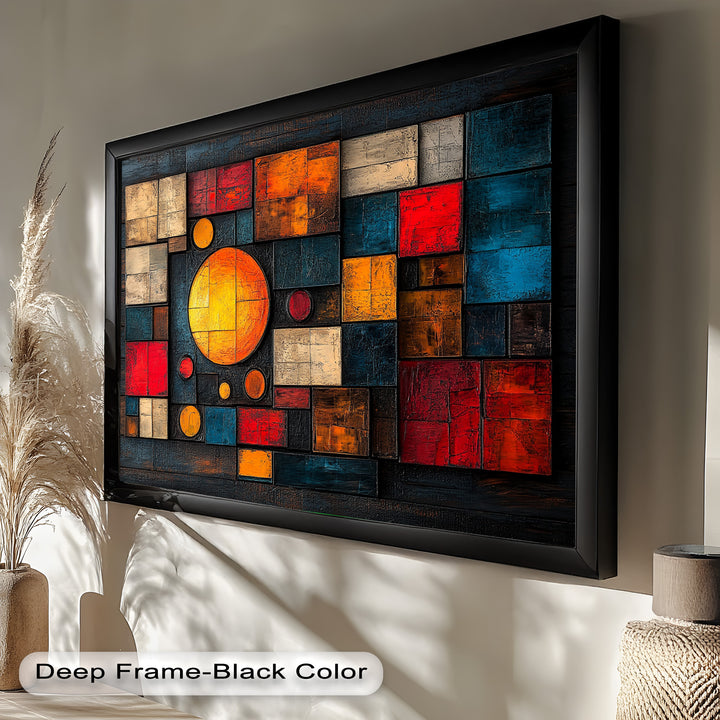 Geometrische Sunburst Fusion – Farbenfrohe Ölgemälde
